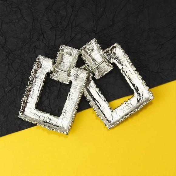 Large Geometric Textured 18k Gold Plated Earrings - Picture 6 of 7